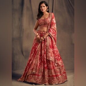 Red Floral Embroidered Lehenga Set